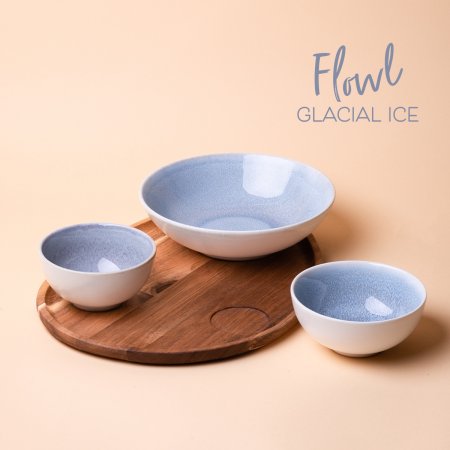 Set 4-tlg. Flowl Gaya Atelier Glacial Ice + Tablett Triangle Akazie